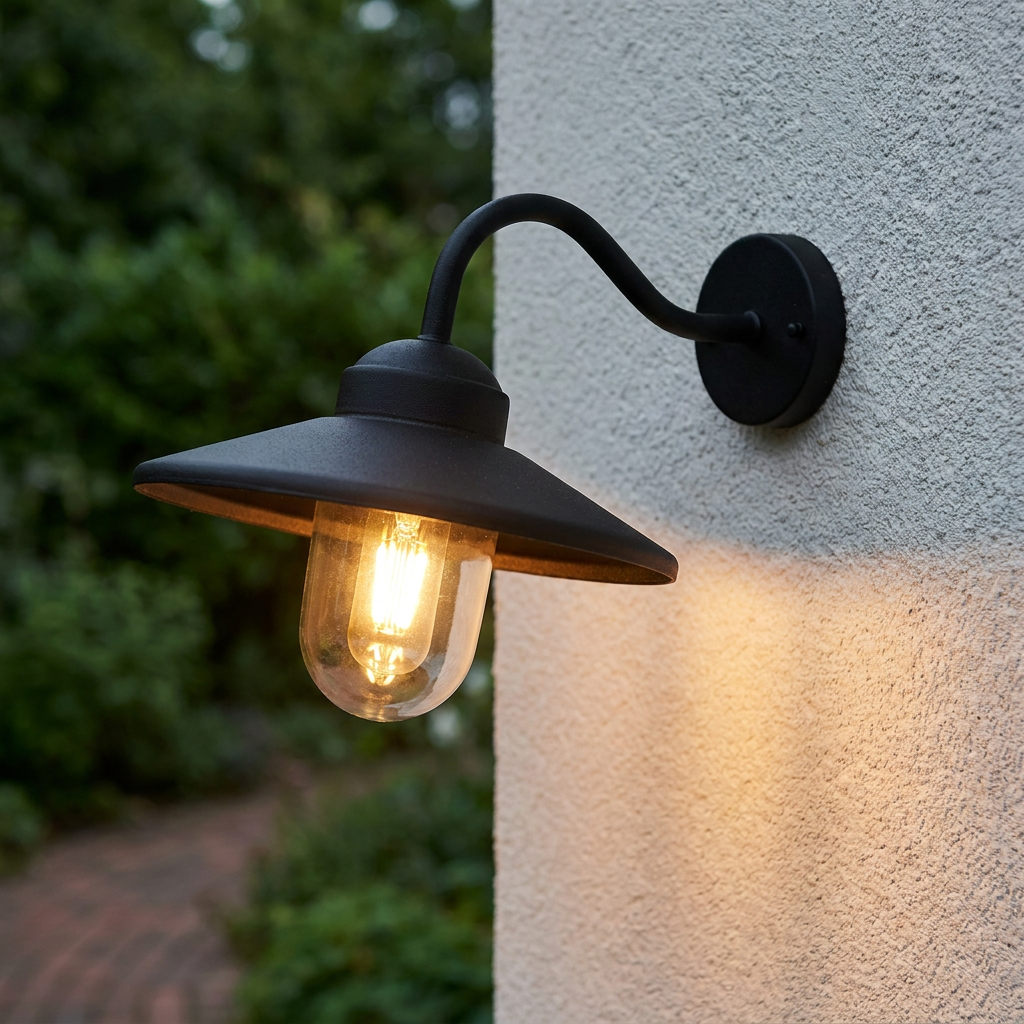 Black swan neck outdoor wall light with a glass dome shade, glowing on a white textured wall.