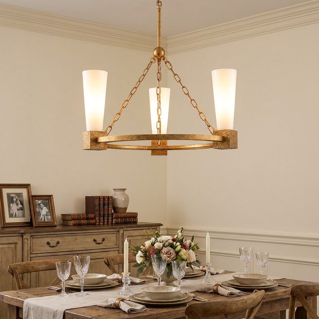 Elstead Kristy 3-light gold chandelier with white tapered glass shades hanging above a set dining table.