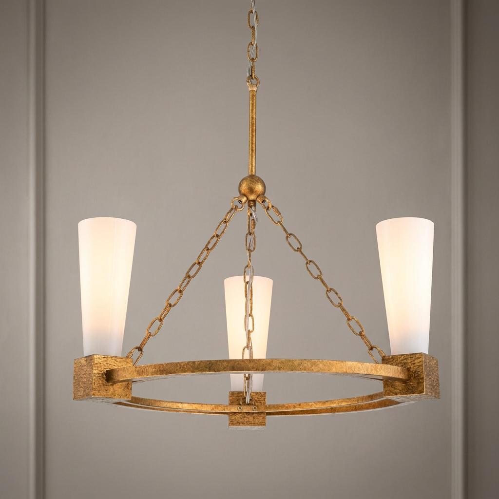 Elstead Kristy 3-light gold chandelier featuring a textured hoop and three tapered white glass shades.