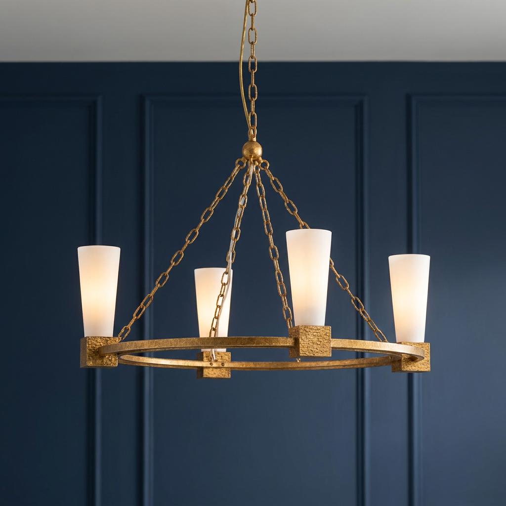 A 4-light gold chandelier with white tapered shades and textured metal details against a dark blue wall.