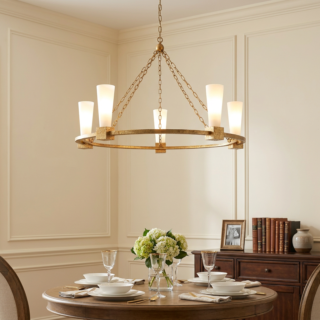 Elstead Kristy 5 light gold chandelier with tapered glass shades hanging above a set dining table.
