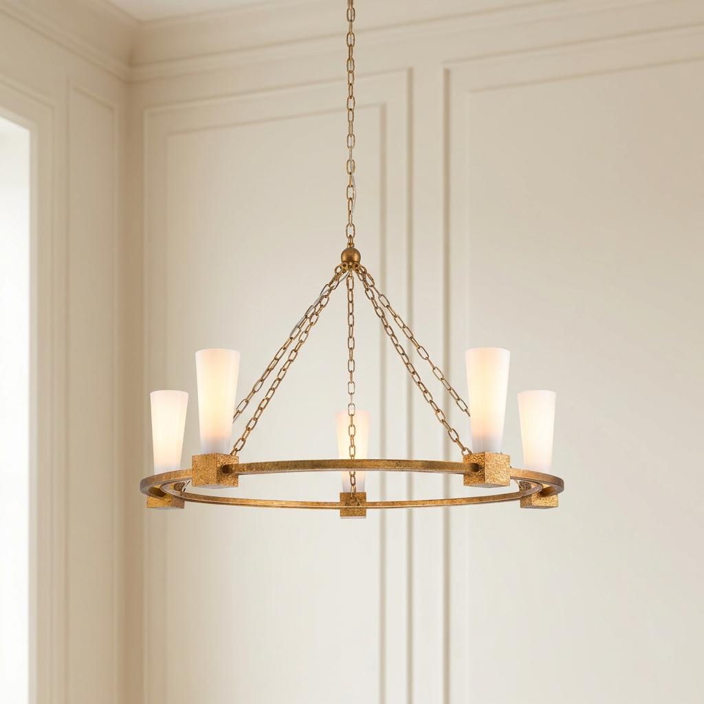 A gold circular chandelier with five tapered white glass shades suspended by decorative chains.