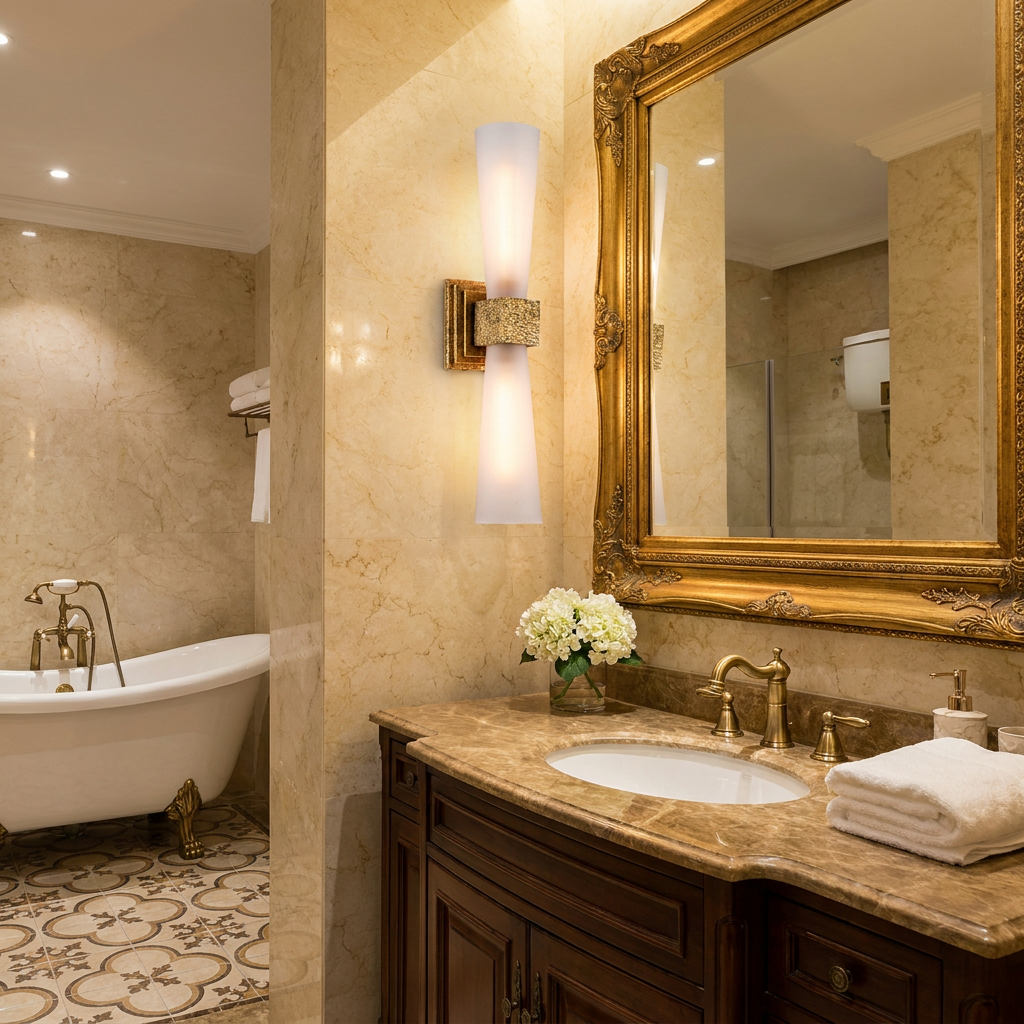 Elstead Kristy Gold Double Wall Light with tapered glass shades mounted on a marble bathroom wall.