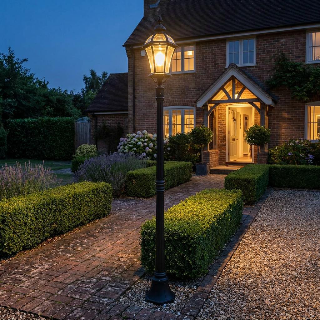 Illuminated black outdoor lamp post on a brick path in a manicured garden setting before a traditional house at night.