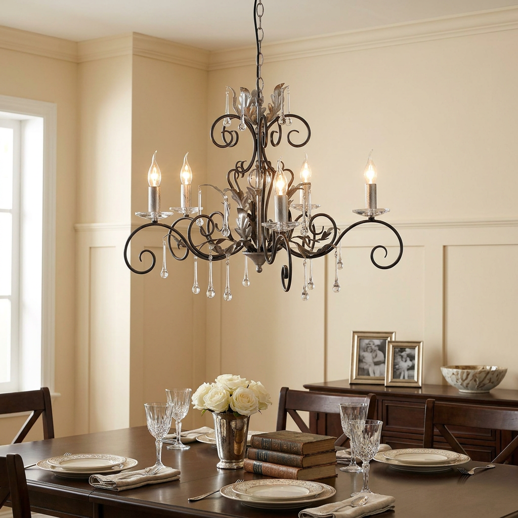Elstead Lighting Amarilli 5-light black and silver chandelier with glass crystals hanging over a set dining table.