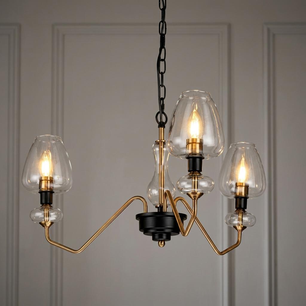 Three-light brass and black pendant with clear glass bell shades and illuminated candle bulbs.