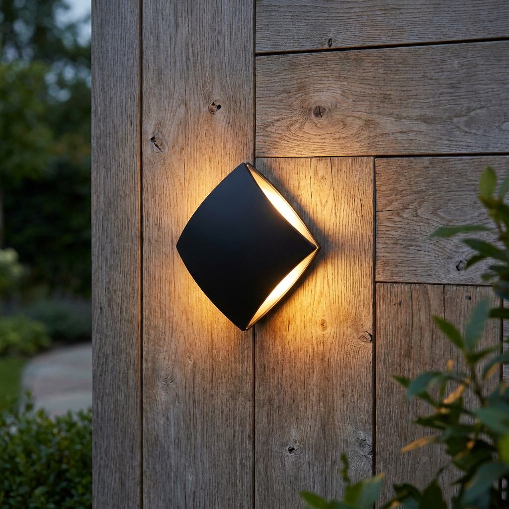 A modern black diamond-shaped wall light casting a warm glow onto a wooden textured wall.