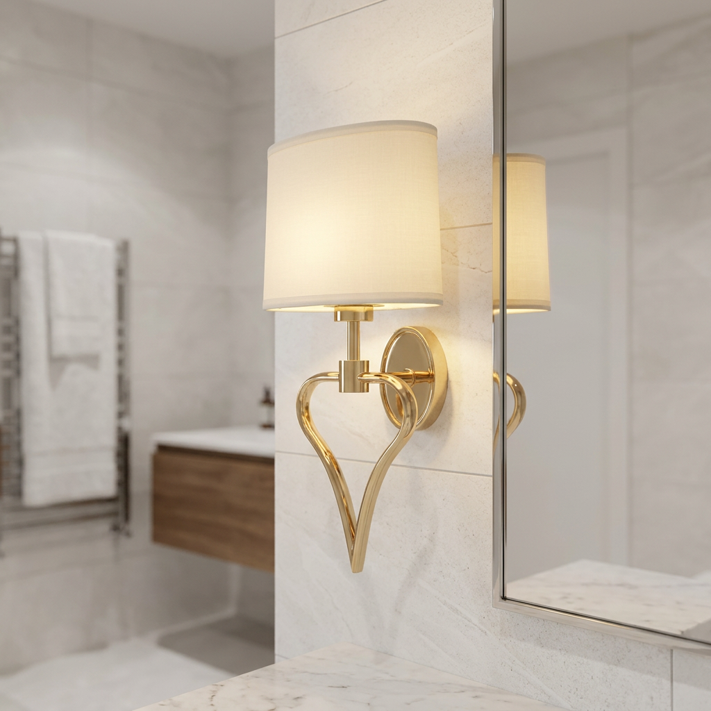 Gold heart-shaped wall sconce with a white shade mounted on a tiled bathroom wall next to a mirror.