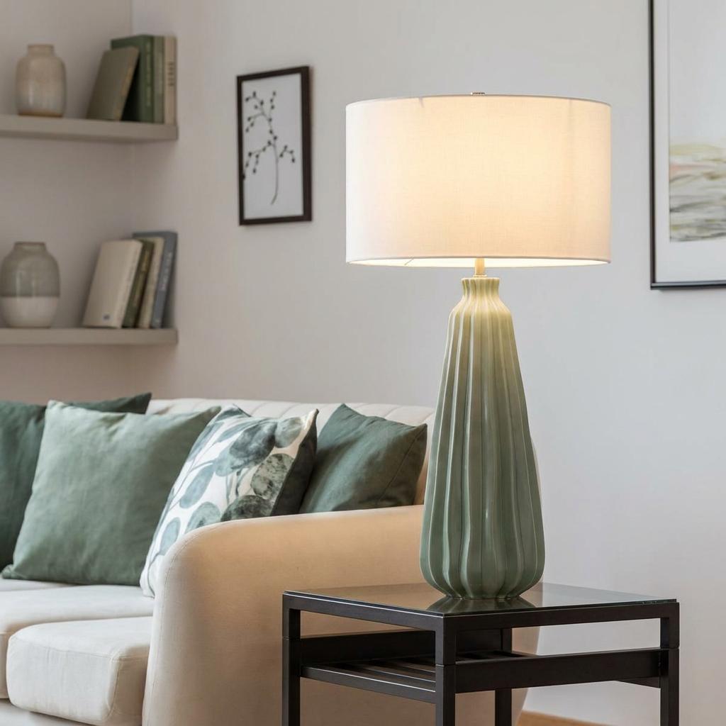 Sage green fluted ceramic table lamp with a white drum shade on a side table in a modern living room.