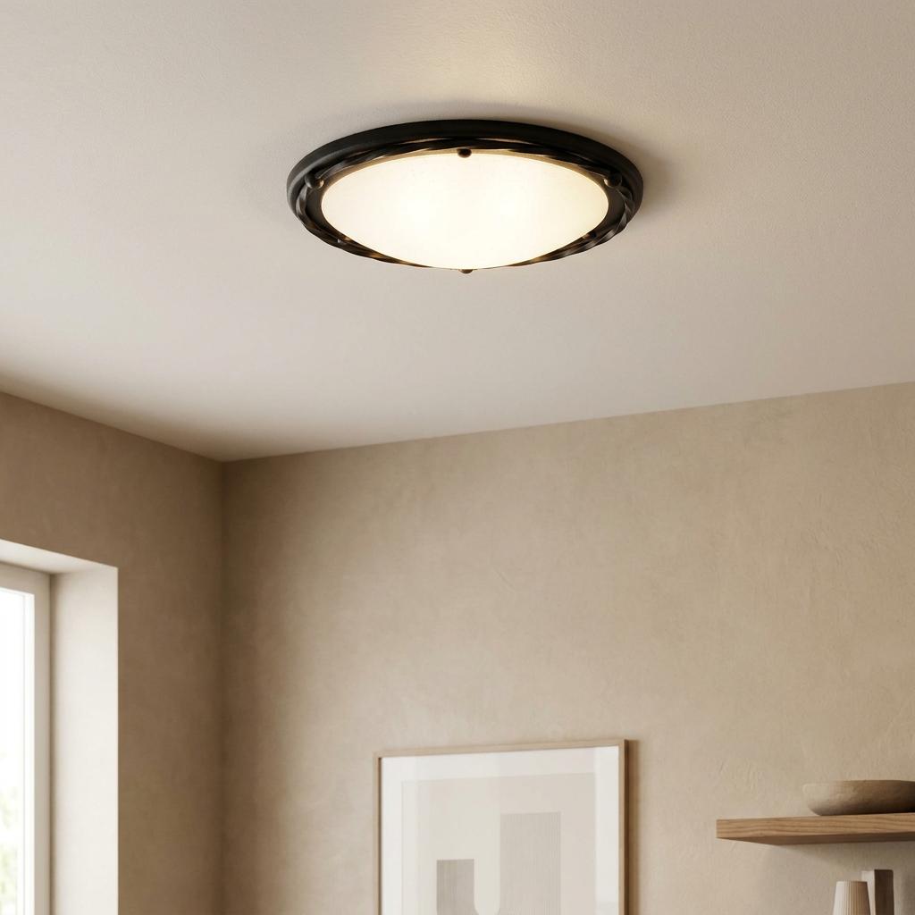 Elstead Lighting Pembroke black flush ceiling light with a wrought iron frame and opal glass diffuser.
