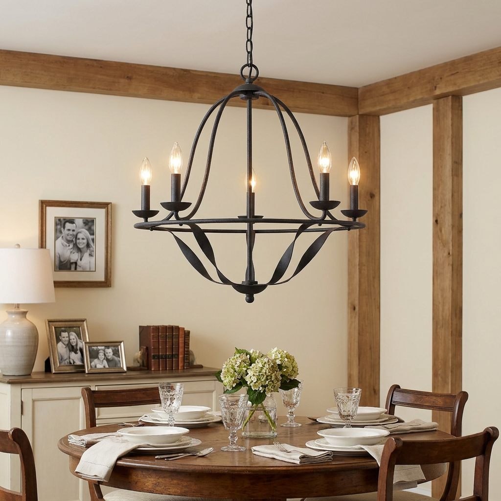 Grey five-light metal chandelier with curved arms hanging over a wooden dining table in a rustic dining room.