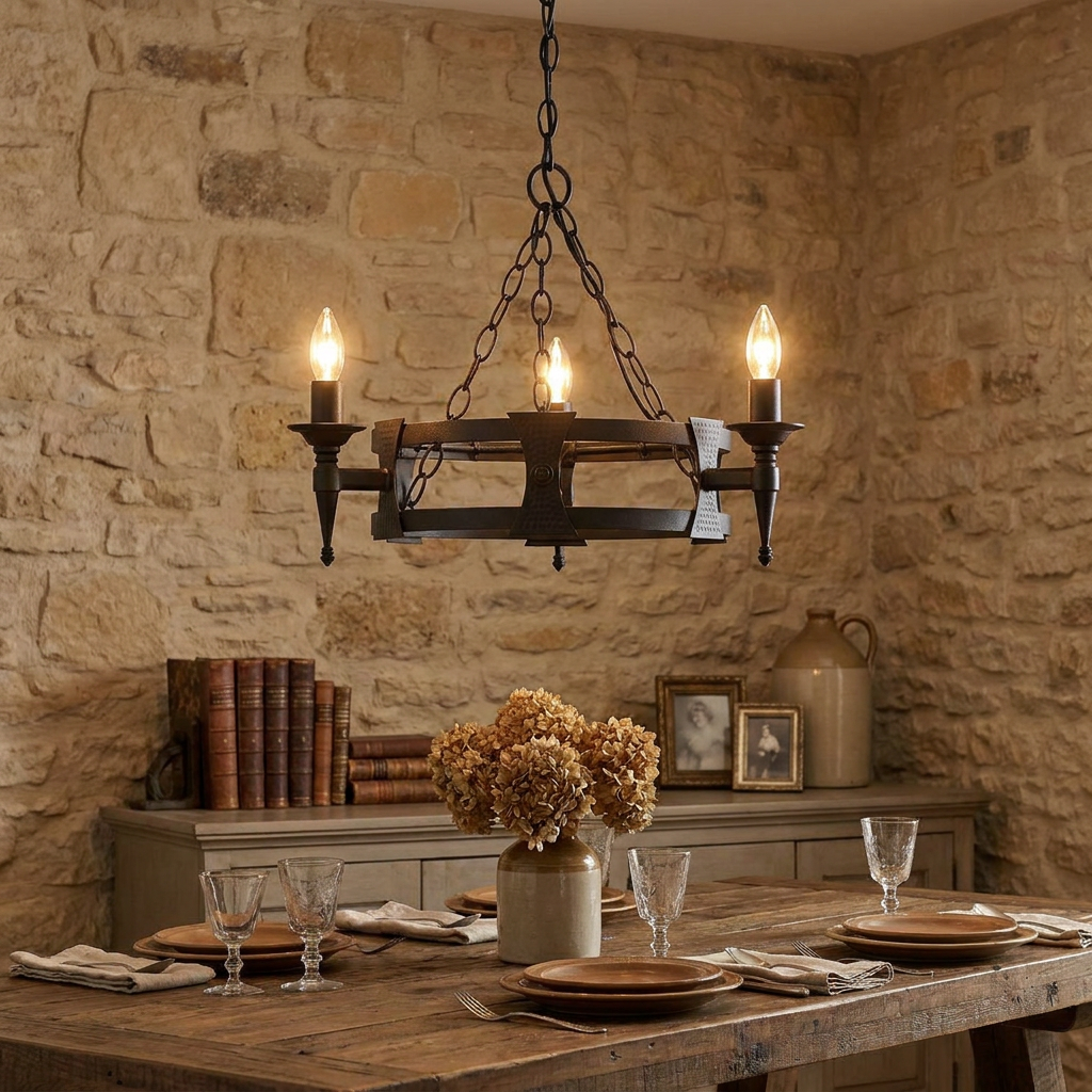 Elstead Lighting Saxon 3 Light Black Chandelier hanging above a rustic dining table in a room with stone walls.
