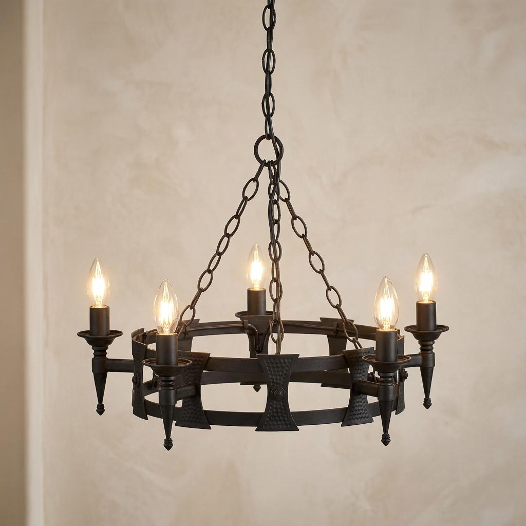 Medieval-style five-light black wrought iron chandelier with lit candle bulbs and cross motifs.