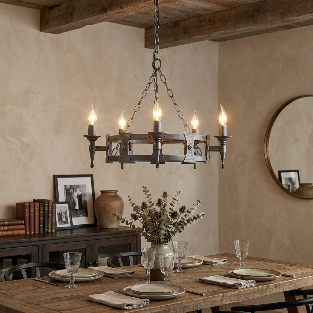 Wrought iron five-light chandelier with candle bulbs hanging above a rustic wooden dining table in a cozy room.