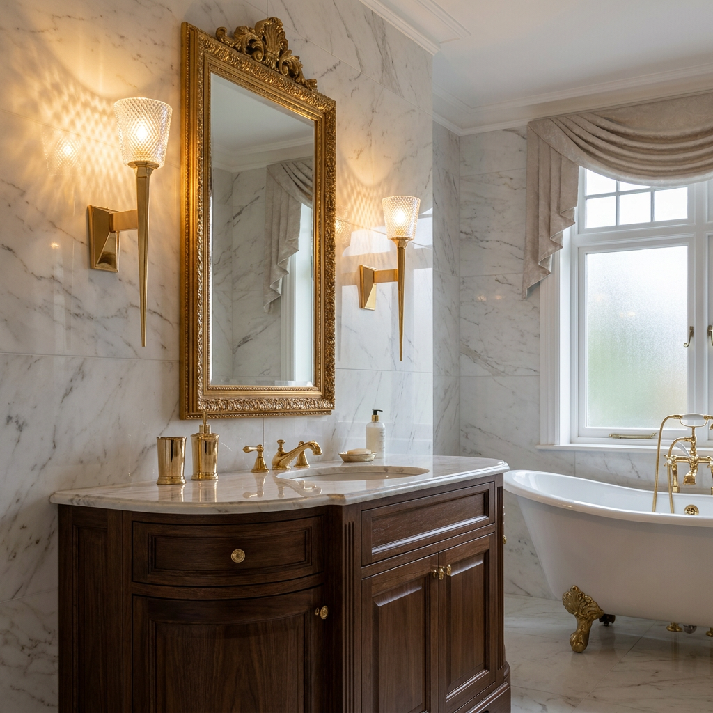Polished gold wall lights with patterned glass shades flanking an ornate mirror in a luxury marble bathroom.