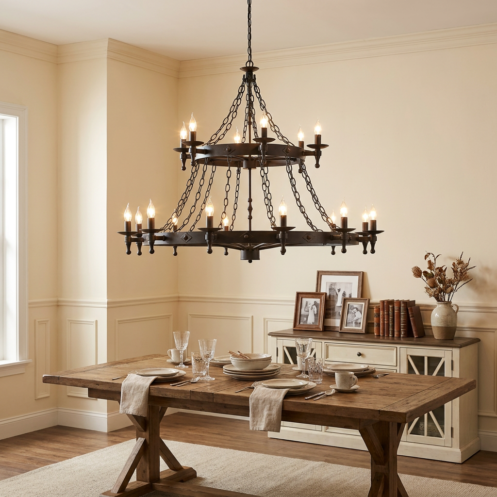 Elstead Lighting Warwick 18-light graphite chandelier hanging over a wooden dining table in a neutral room.