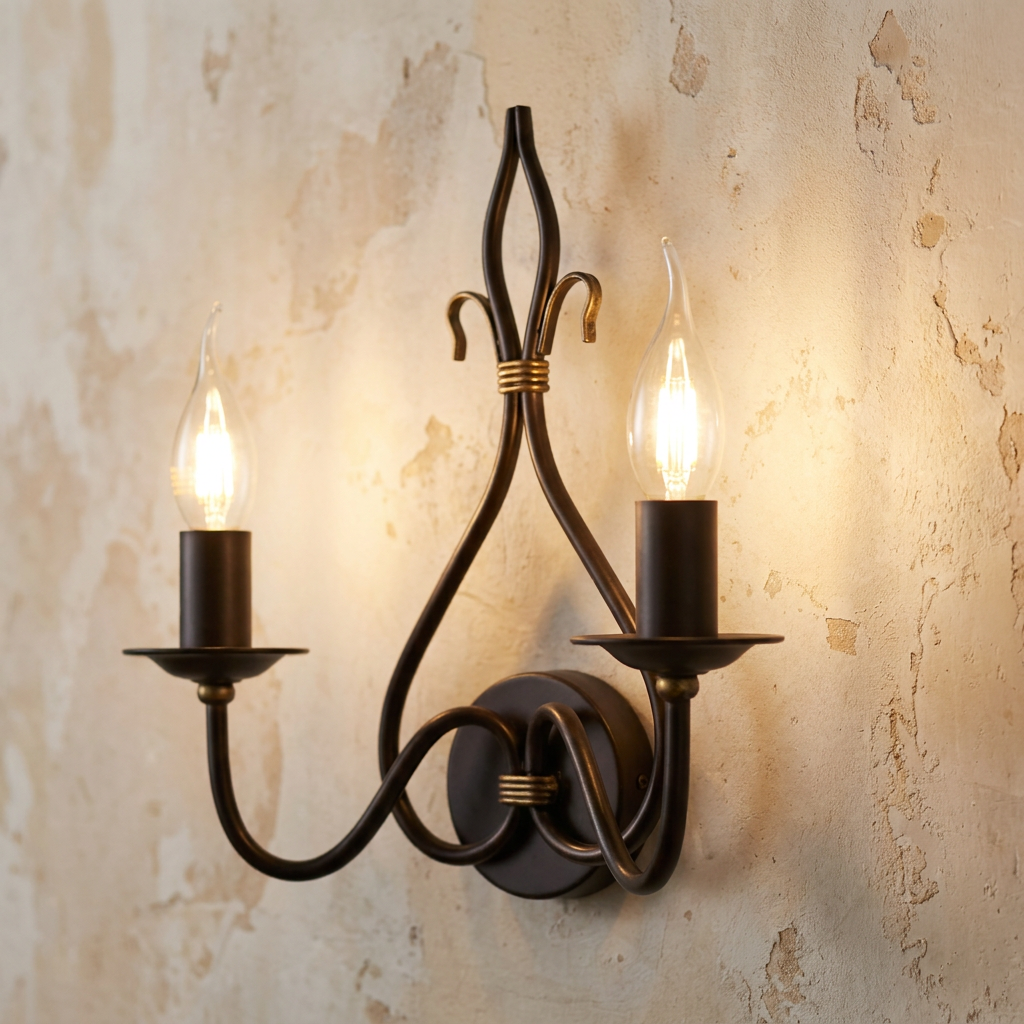 Ornate two-light rust and gold wall sconce with lit flame-shaped bulbs against a textured plaster wall.