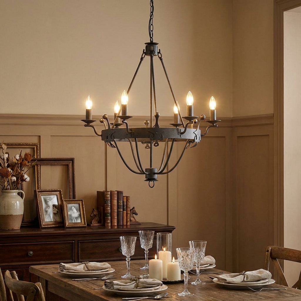 Graphite 6-light candle-style chandelier hanging above a set dining table in a rustic, traditional room.