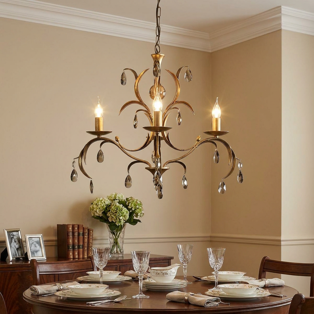 Elstead Lily 3-light antique bronze chandelier with crystal accents hanging over a formal dining room table.
