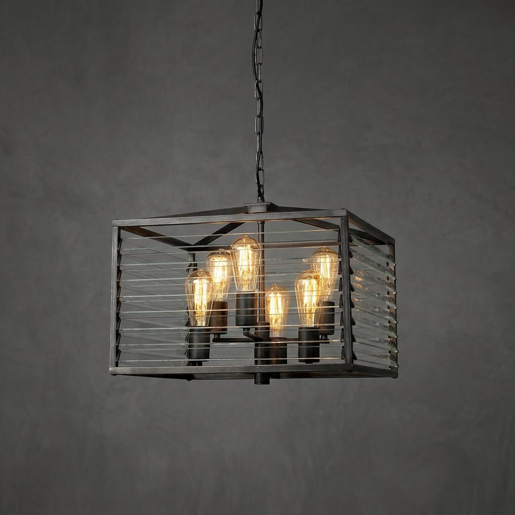 Industrial gunmetal 6-light pendant with clear glass slats and Edison bulbs against a textured grey background.