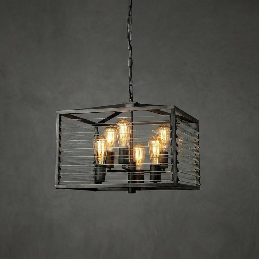 Industrial gunmetal cage pendant light with horizontal clear glass slats and six glowing Edison bulbs.