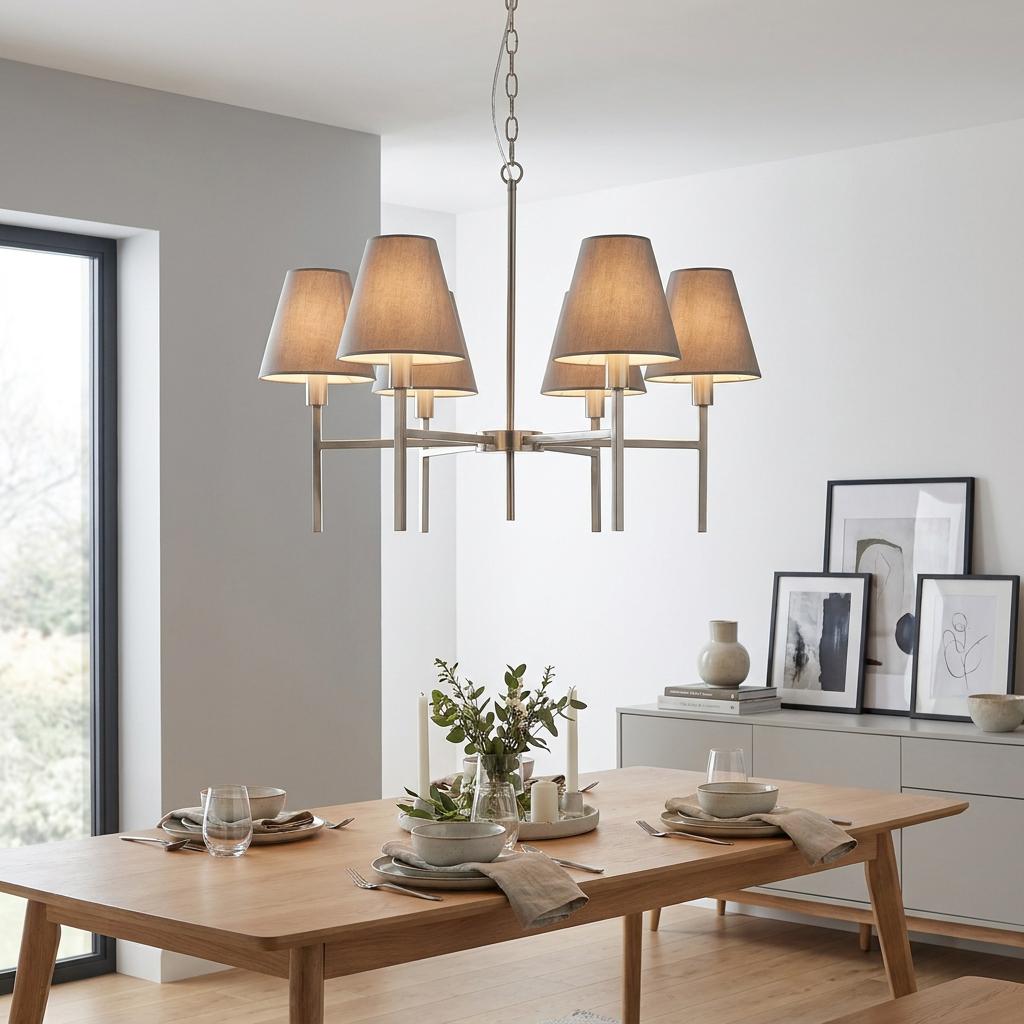 Elstead Lucerne 6-light brushed nickel chandelier with grey fabric shades hanging above a modern wooden dining table.