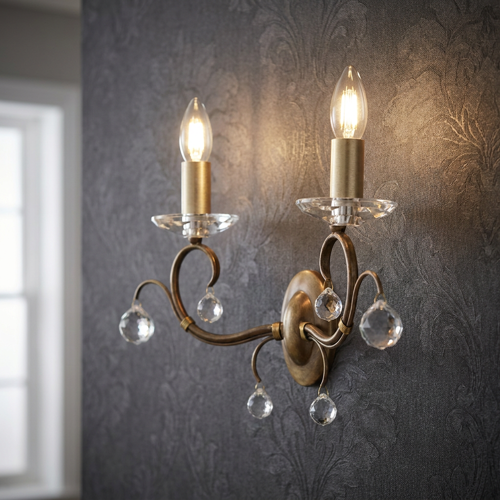 Elstead Lunetta bronze 2-light wall sconce with crystal droplets on dark damask wallpaper.