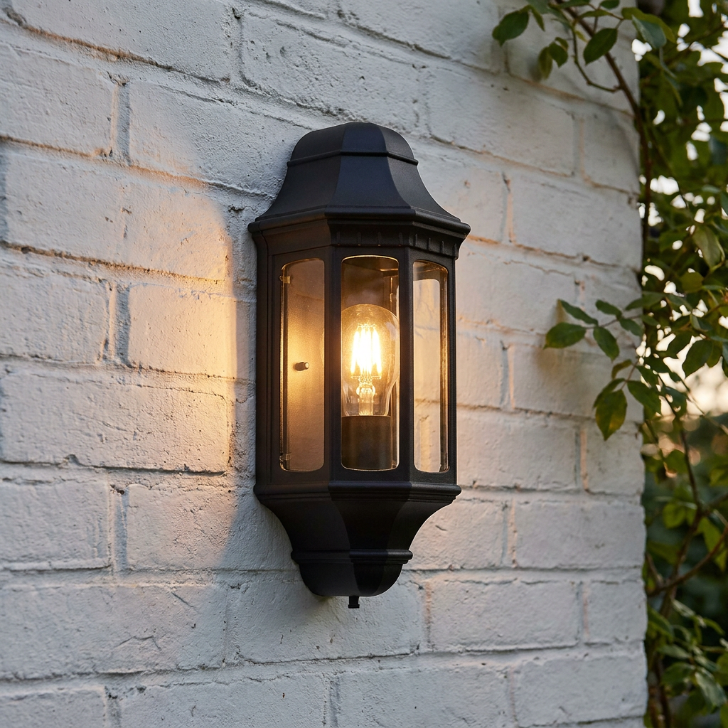 Elstead Malaga black outdoor wall lantern with a warm glowing bulb mounted on a white brick wall.