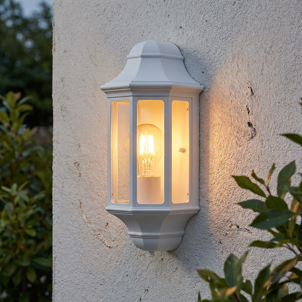White lantern wall light with a glowing filament bulb mounted on an exterior textured wall.