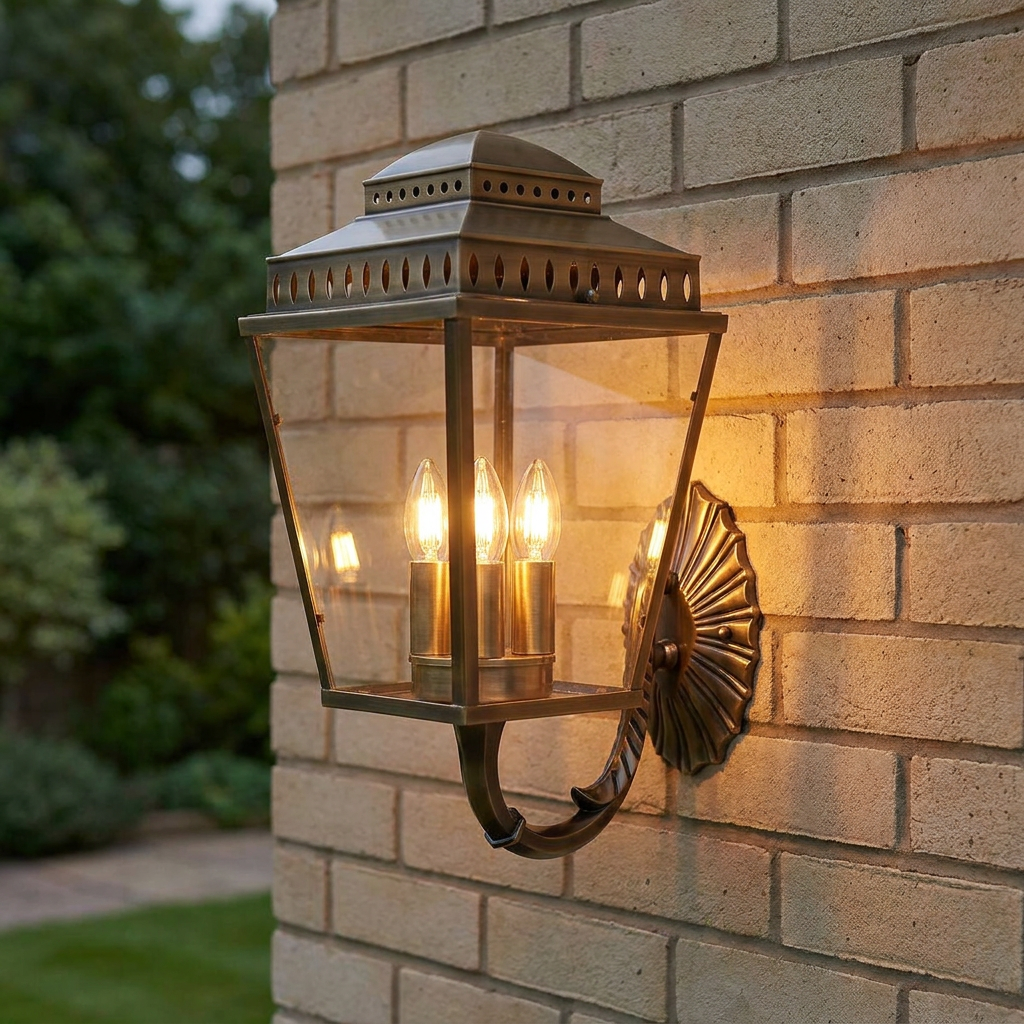 Elstead Mansion House 3-light brass outdoor lantern with lit bulbs mounted on a light brick wall.