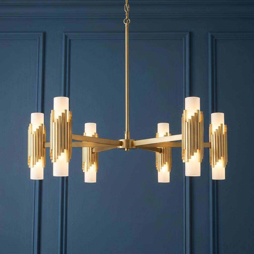 Elstead Marvele 10-light brass chandelier with gold vertical rods and white glass shades against a teal blue wall.