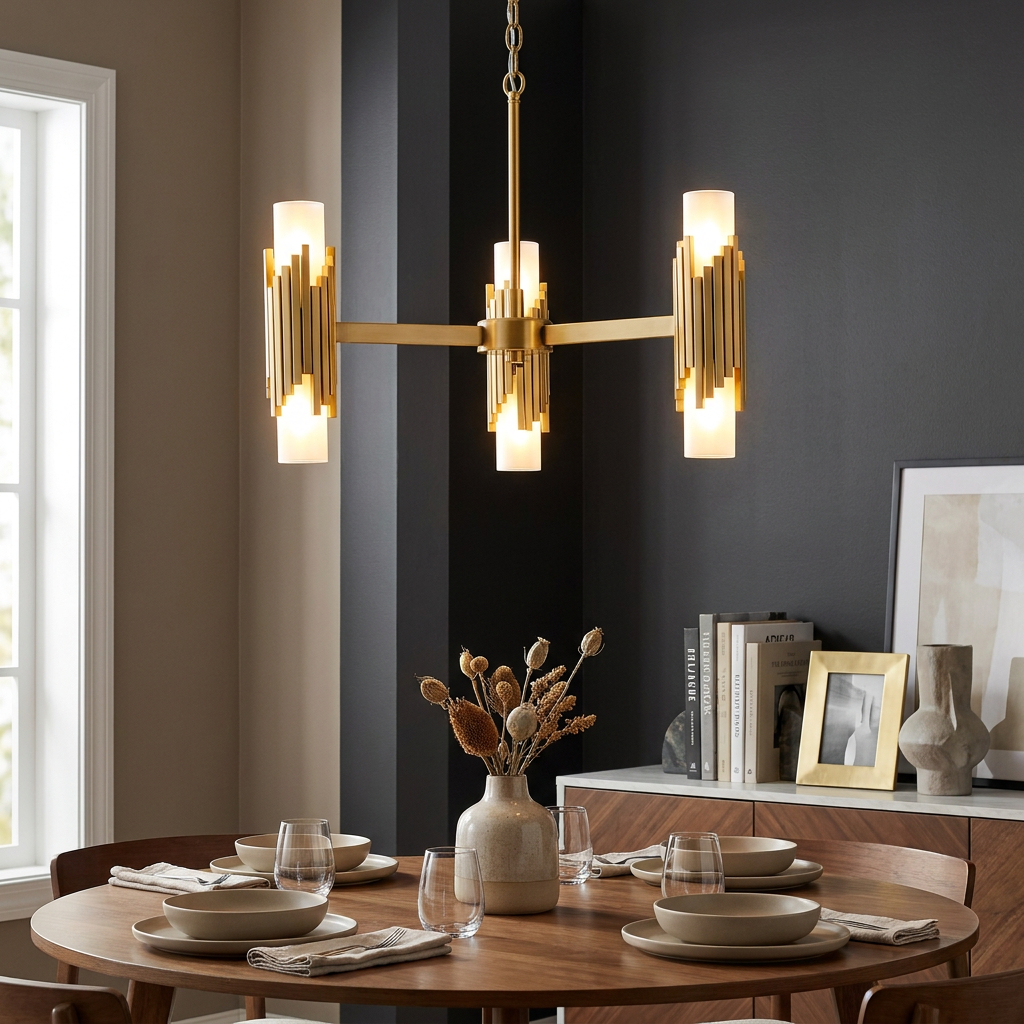 Elstead Marvele 6 Light Art Deco Chandelier in brass hanging over a set wooden dining table.