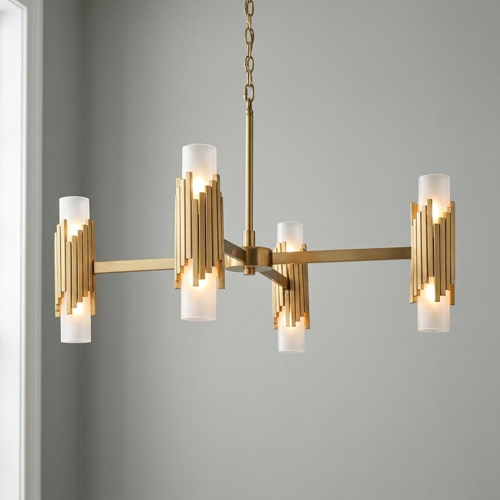 Art Deco chandelier with aged brass vertical slats and frosted glass shades on a grey background.