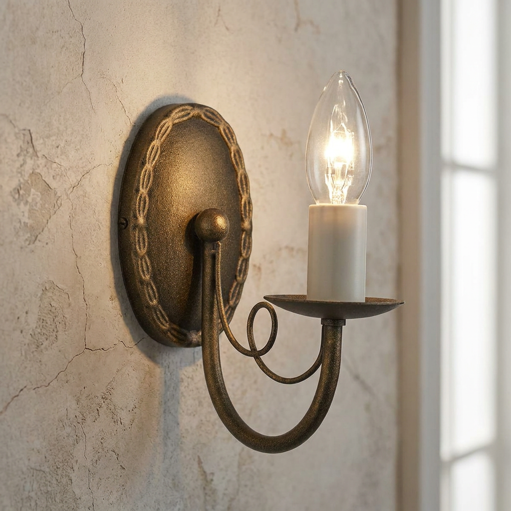 Traditional black and gold 1-light wall sconce with a scroll arm and glowing candle bulb on a textured wall.