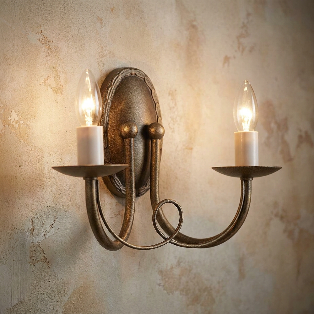 Elstead Minster black and gold 2-light wall fixture with glowing candle bulbs on a rustic textured wall.