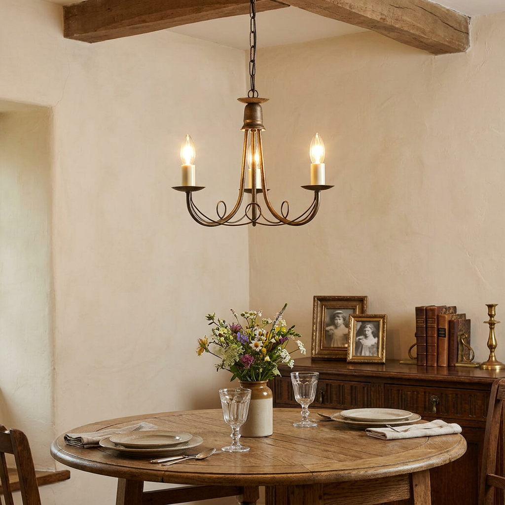 Elstead Minster black and gold three-light chandelier hanging in a rustic dining room above a wooden table.