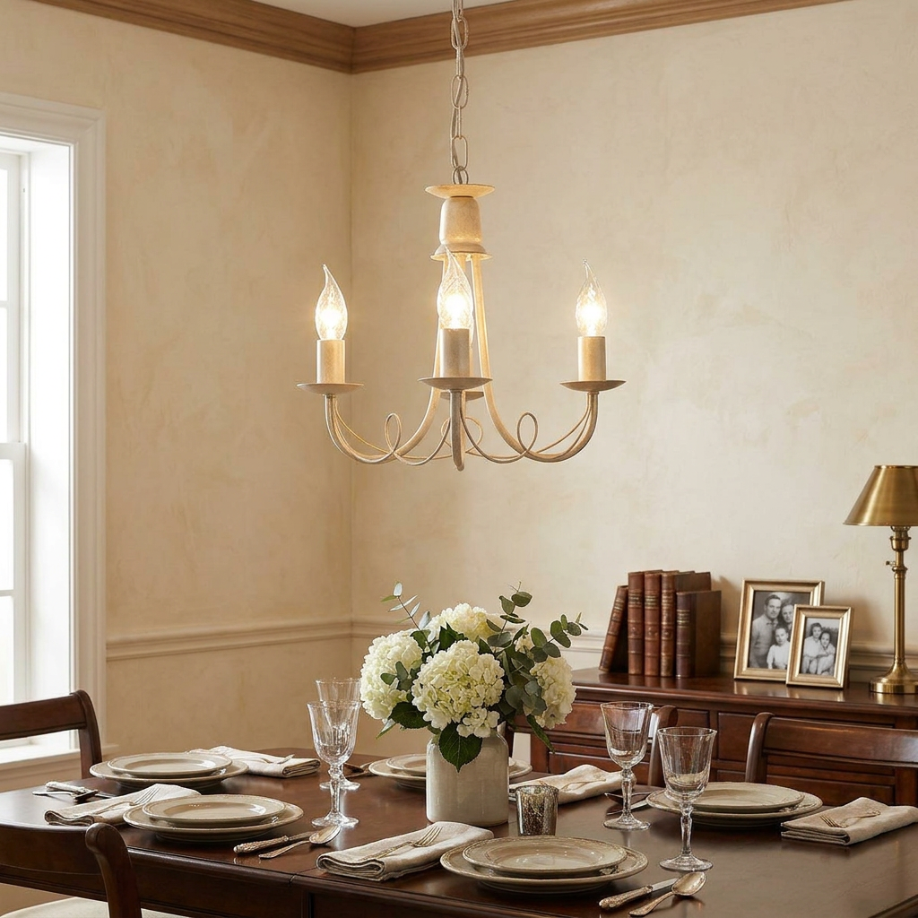 Three-light ivory and gold chandelier hanging above a set dining table with white hydrangeas in a warm room.