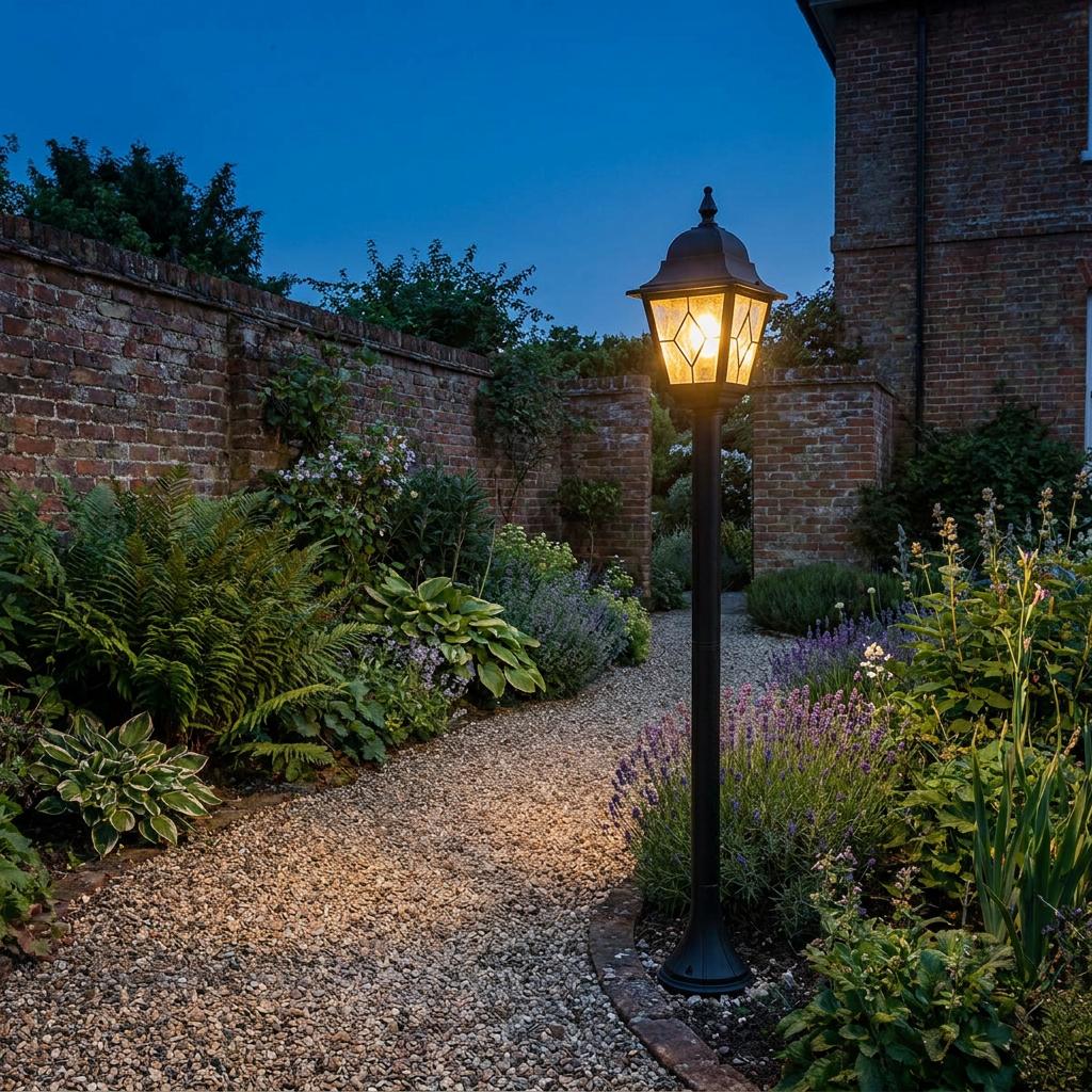 Black lantern lamp post illuminating a gravel garden path beside lavender plants and brick walls at dusk.