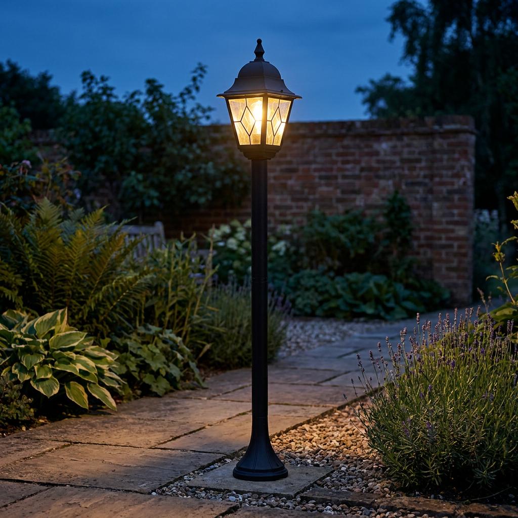 Black traditional lantern bollard light with leaded glass panels illuminating a garden stone path at dusk.