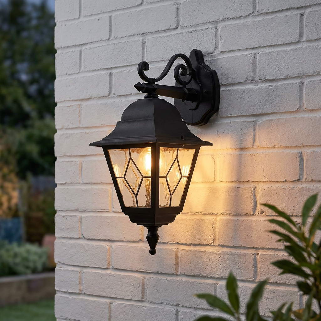Traditional black outdoor wall lantern with leaded glass panels, illuminated on a white brick wall.