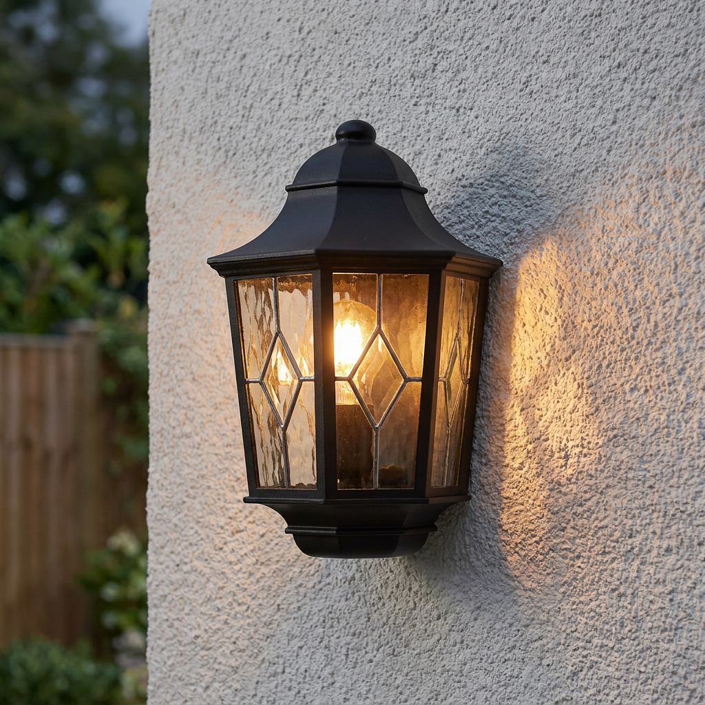 Elstead Norfolk black outdoor half wall light with leaded glass panels mounted on a white textured exterior wall.
