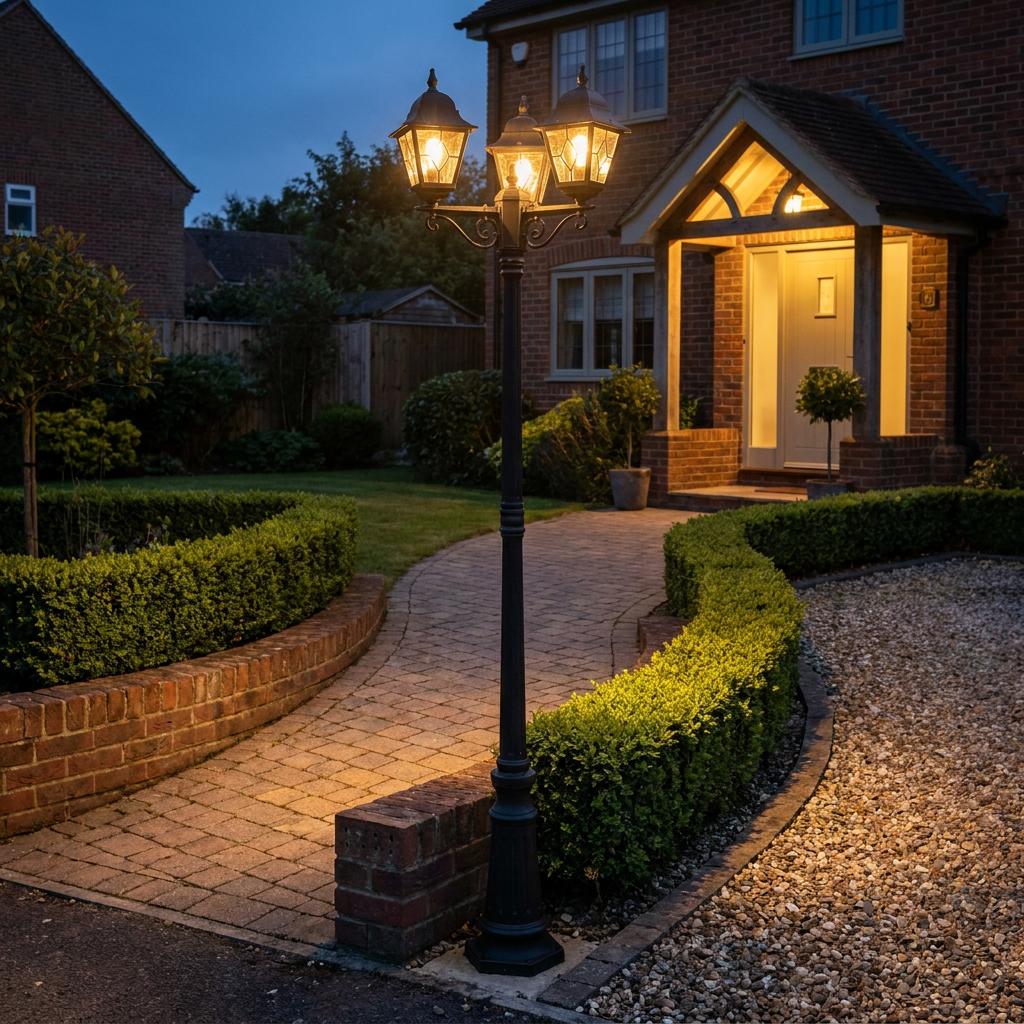 A black three-arm outdoor lamp post illuminates a brick garden path at night in front of a house.