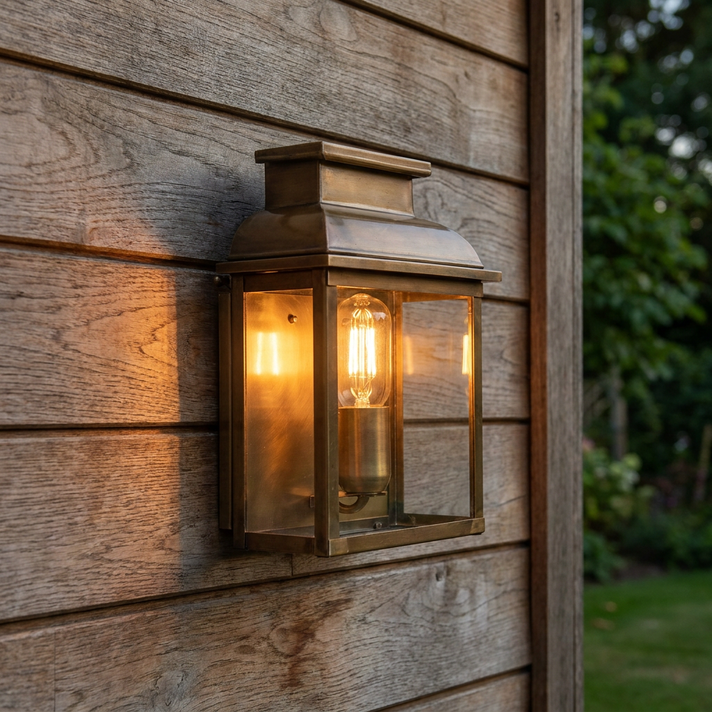 Traditional aged brass outdoor wall lantern with a warm filament bulb mounted on a wooden wall.