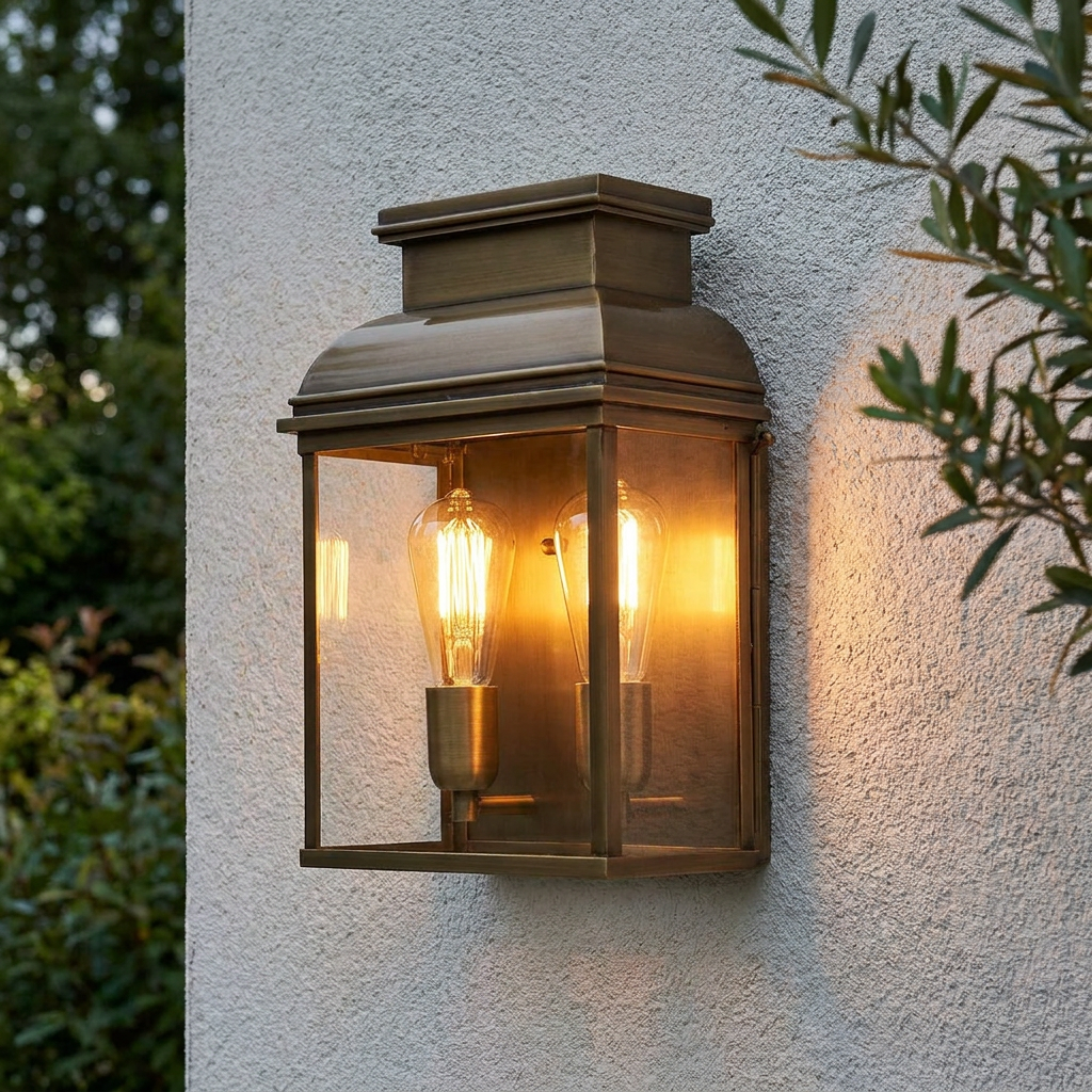 Traditional brass lantern-style outdoor wall light with two glowing Edison bulbs on a textured white wall.