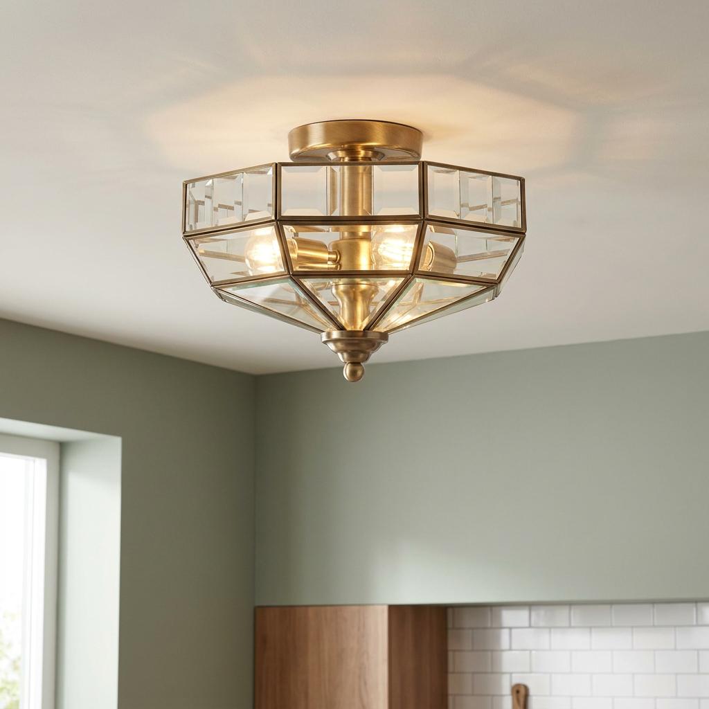 Brass semi-flush Art Deco ceiling light with geometric glass panels illuminating a room with soft green walls.