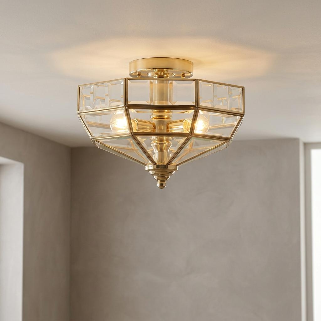 Polished brass semi-flush ceiling light with geometric glass panels illuminating a room.