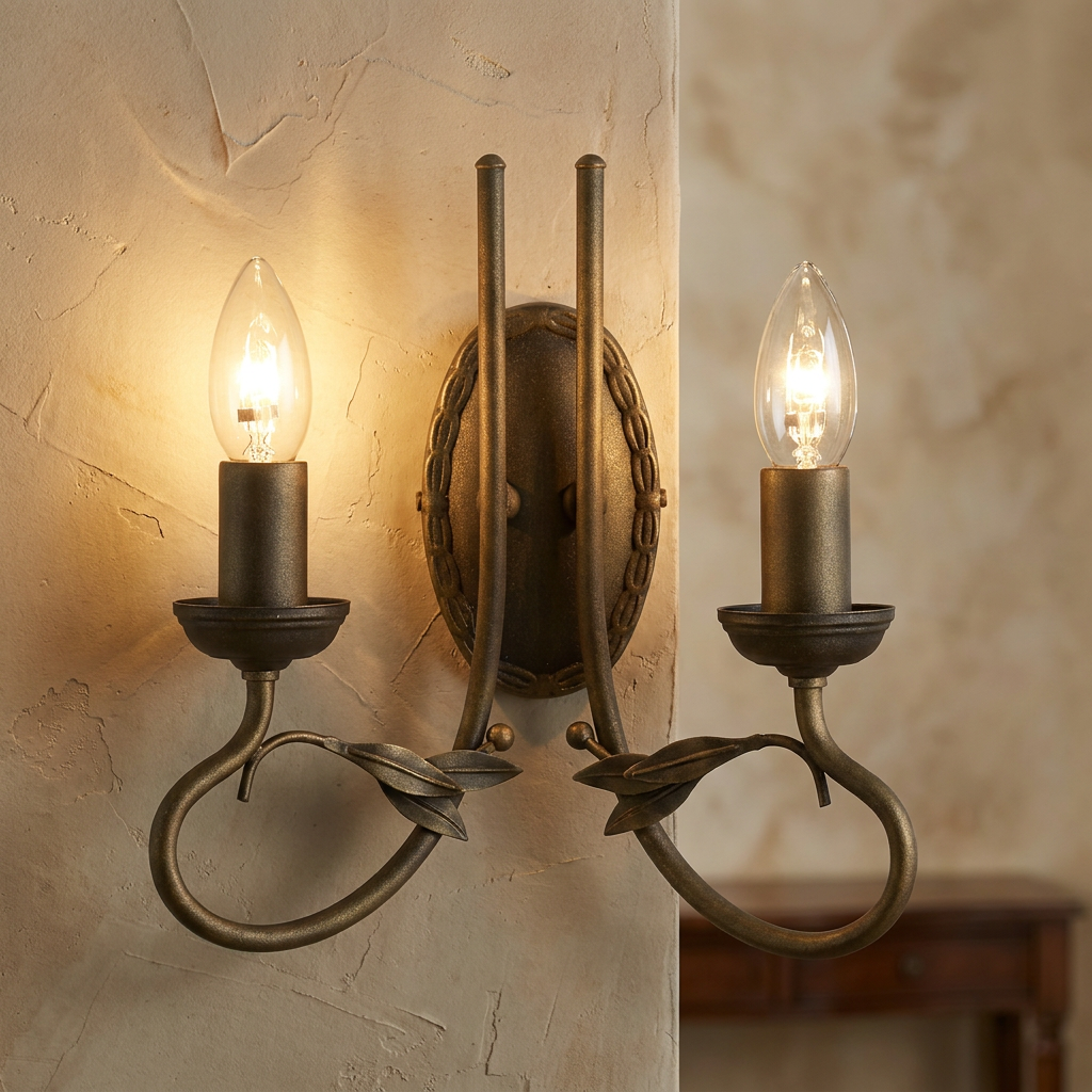 Elstead Olivia black and gold 2-light wall light with lit candle bulbs and leaf scrollwork on a textured wall.