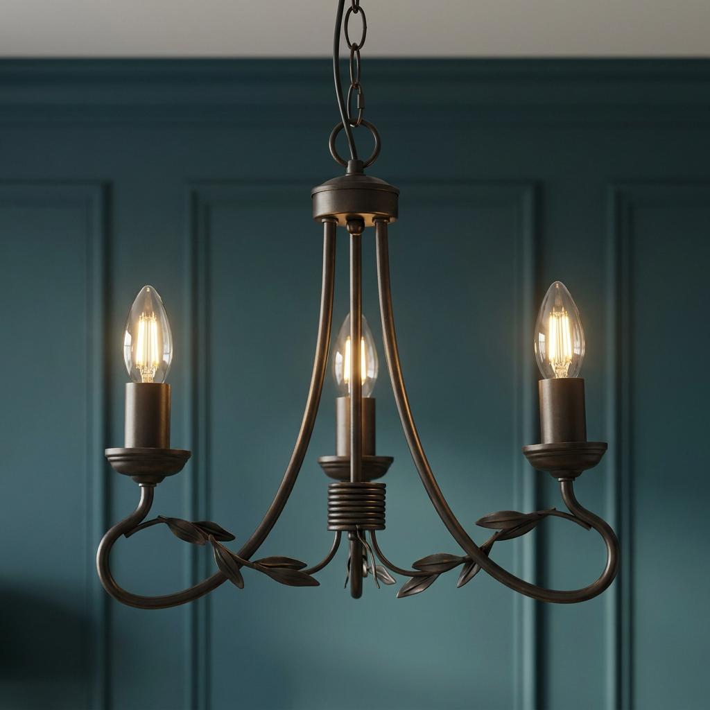 Elstead Olivia 3-light black and gold chandelier with leaf detailing lit against a dark teal wall.