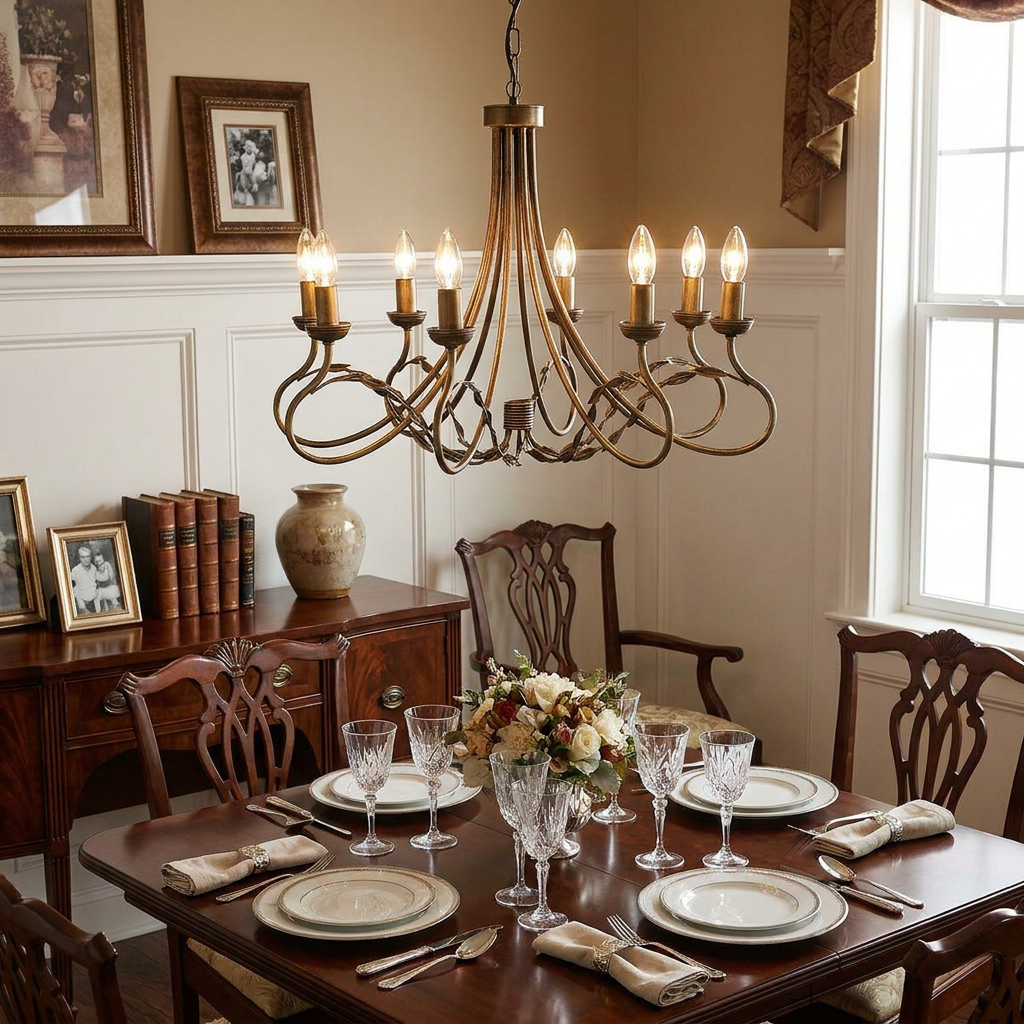 Elstead Olivia black and gold 8-light chandelier hanging over a set wooden dining table.