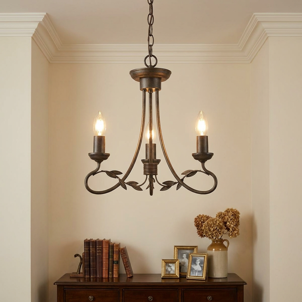 Traditional three-light chandelier with leaf motifs hanging above a wooden sideboard in a neutrally decorated room.